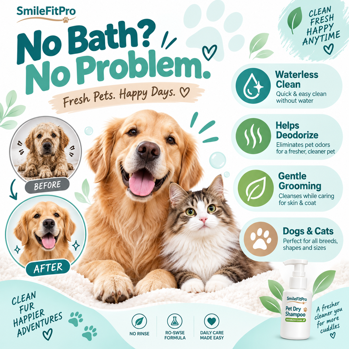 SmileFitPro™ Rinse-Free Pet Shampoo Mousse – Waterless Clean, Deodorize & Freshen Dogs & Cats