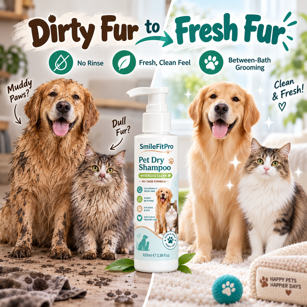 SmileFitPro™ Rinse-Free Pet Shampoo Mousse – Waterless Clean, Deodorize & Freshen Dogs & Cats