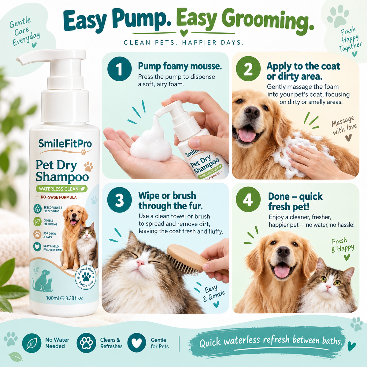 SmileFitPro™ Rinse-Free Pet Shampoo Mousse – Waterless Clean, Deodorize & Freshen Dogs & Cats